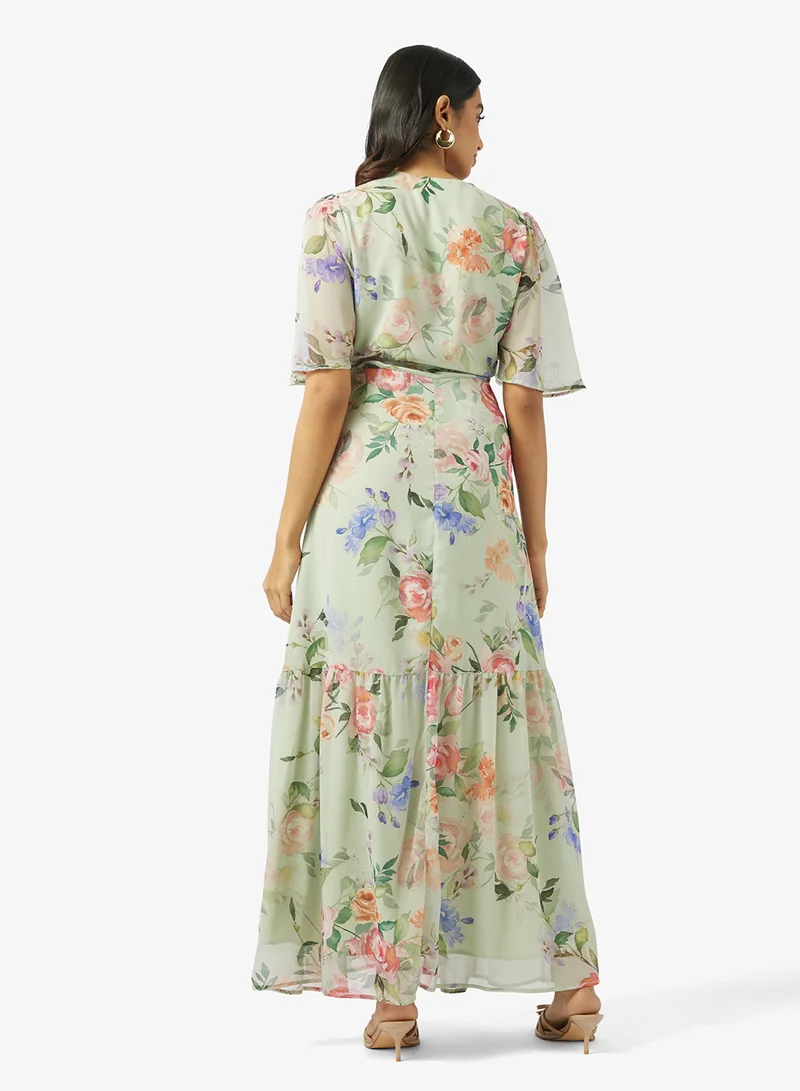 Hope & Ivy Flutter Sleeve Maxi Wrap Dress With Tie Waist